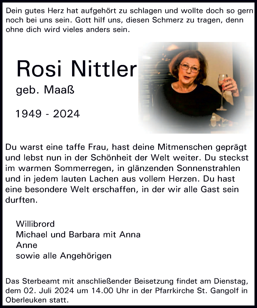  Traueranzeige für Rosi Nittler vom 27.06.2024 aus saarbruecker_zeitung