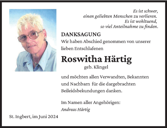 Traueranzeige von Roswitha Härtig von saarbruecker_zeitung