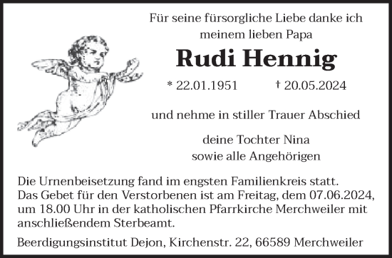 Traueranzeige von Rudi Hennig von saarbruecker_zeitung