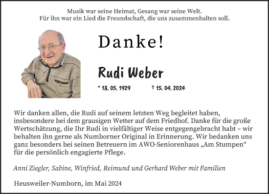 Traueranzeige von Rudi Weber von saarbruecker_zeitung