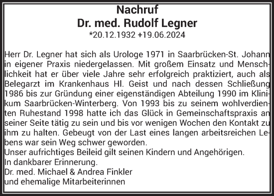 Traueranzeige von Rudolf Wegner von saarbruecker_zeitung