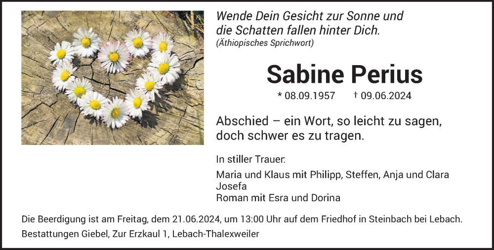  Traueranzeige für Sabine Perius vom 15.06.2024 aus saarbruecker_zeitung