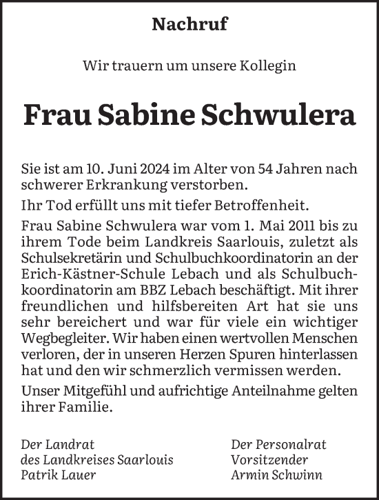 Traueranzeige von Sabine Schwulera von saarbruecker_zeitung