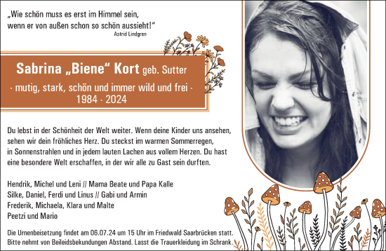 Traueranzeige von Sabrina Kort von saarbruecker_zeitung