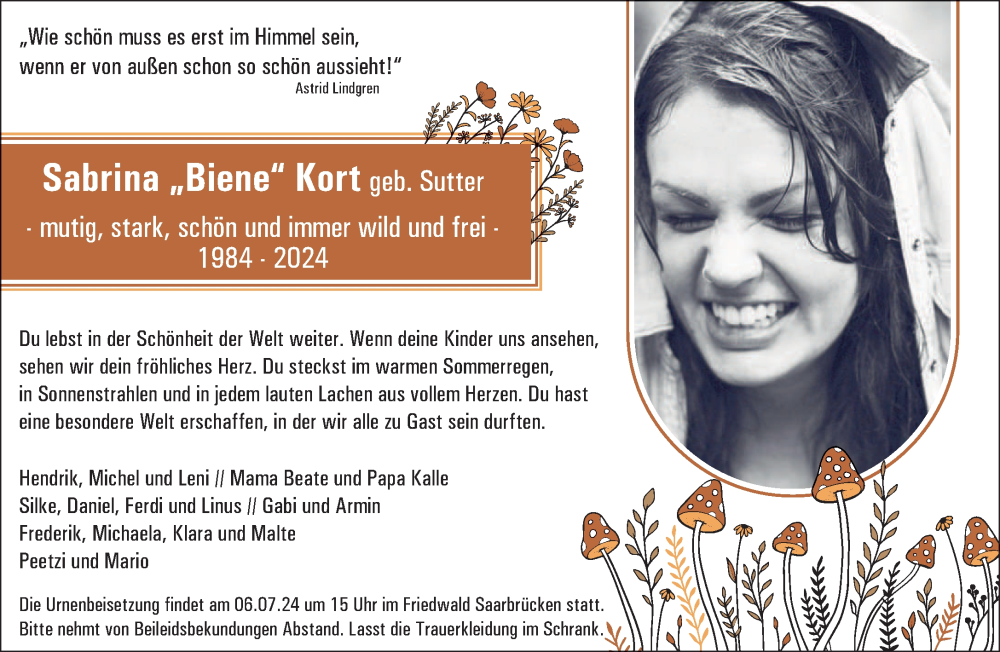  Traueranzeige für Sabrina Kort vom 22.06.2024 aus saarbruecker_zeitung