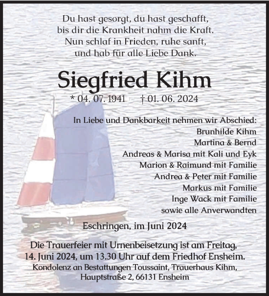 Traueranzeige von Siegfried Kihm von saarbruecker_zeitung