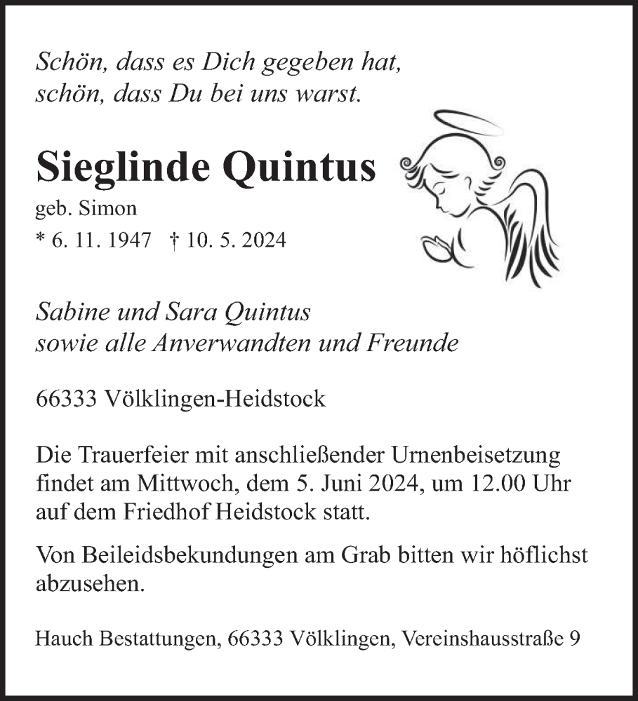  Traueranzeige für Sieglinde Quintus vom 01.06.2024 aus saarbruecker_zeitung