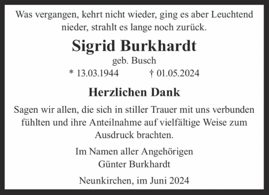 Traueranzeige von Sigrid Burkhardt von saarbruecker_zeitung