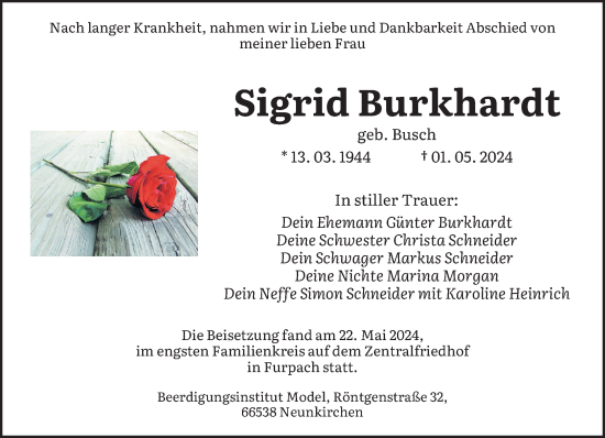 Traueranzeige von Sigrid Burkhardt von saarbruecker_zeitung