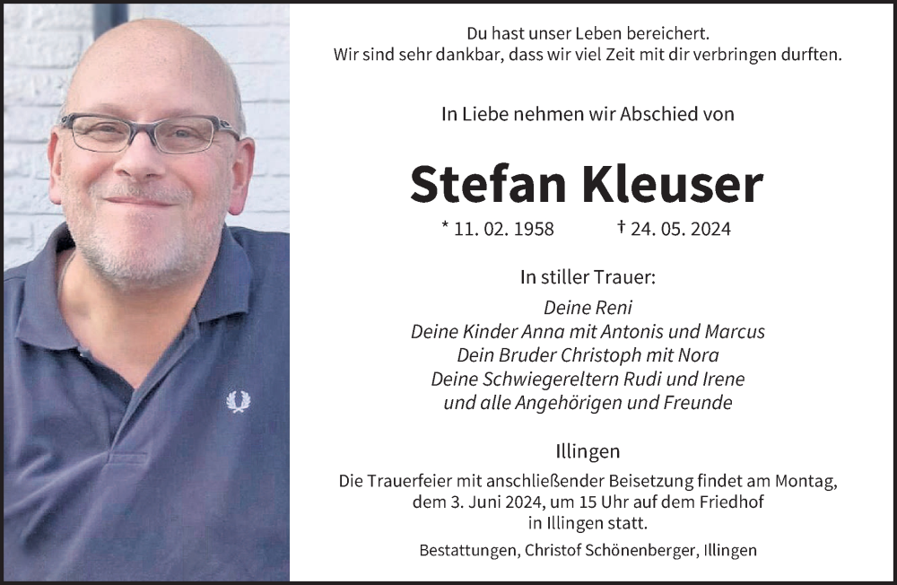  Traueranzeige für Stefan Kleuser vom 01.06.2024 aus saarbruecker_zeitung