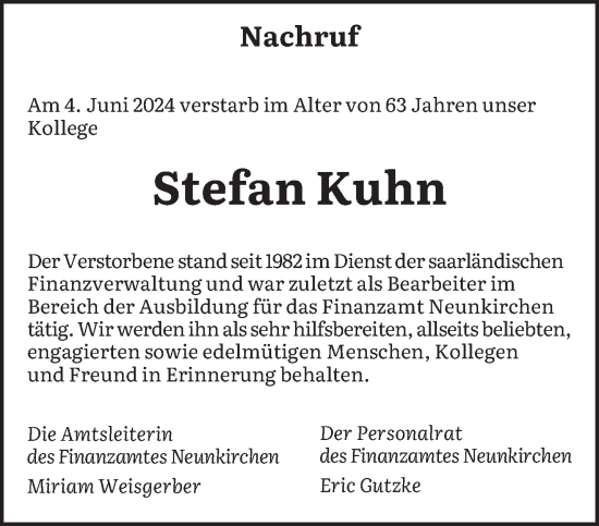 Traueranzeige von Stefan Kuhn von saarbruecker_zeitung