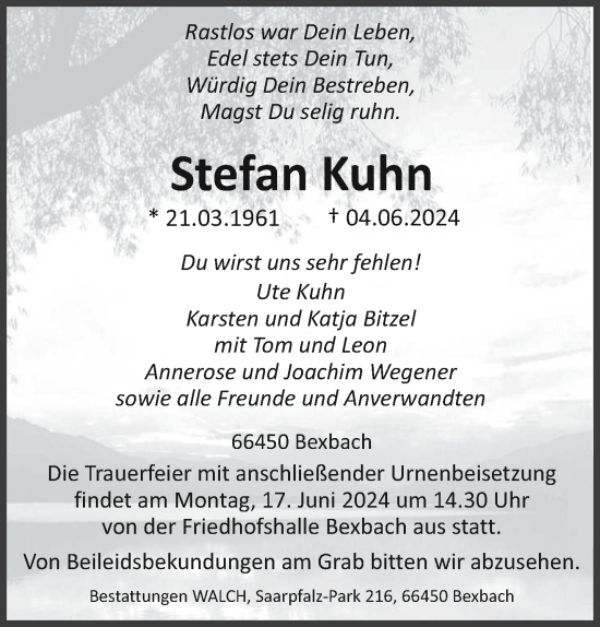 Traueranzeige von Stefan Kuhn von saarbruecker_zeitung