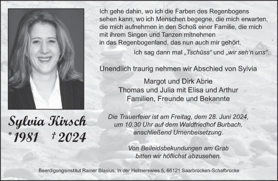 Traueranzeige von Sylvia Kirsch von saarbruecker_zeitung