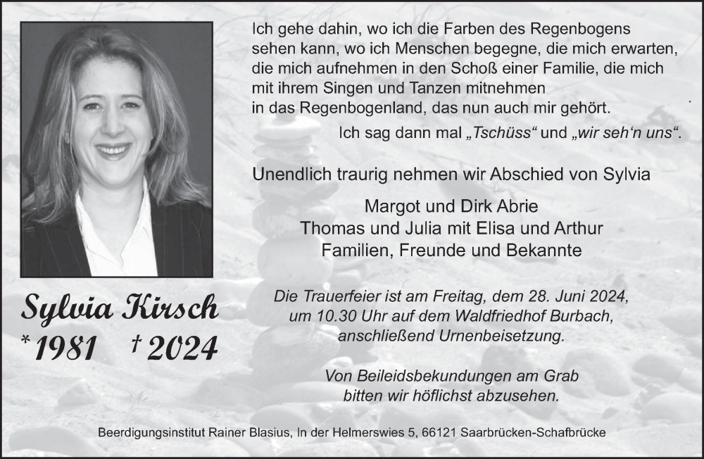  Traueranzeige für Sylvia Kirsch vom 22.06.2024 aus saarbruecker_zeitung