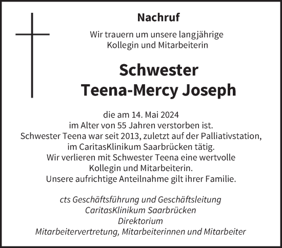Traueranzeige von Teena-Mercy Joseph von saarbruecker_zeitung