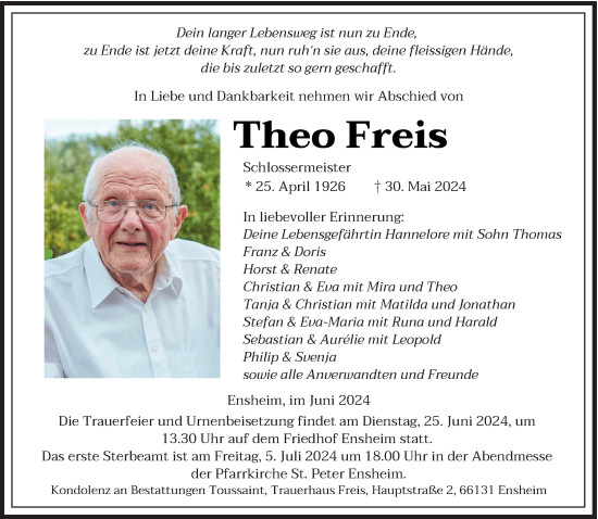 Traueranzeige von Theo Freis von saarbruecker_zeitung