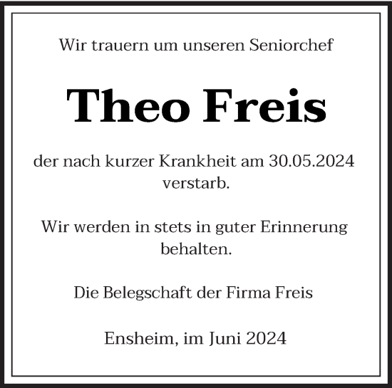 Traueranzeige von Theo Freis von saarbruecker_zeitung