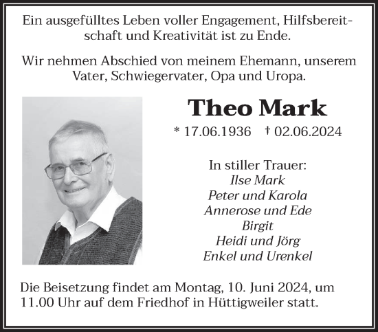 Traueranzeige von Theo Mark von saarbruecker_zeitung