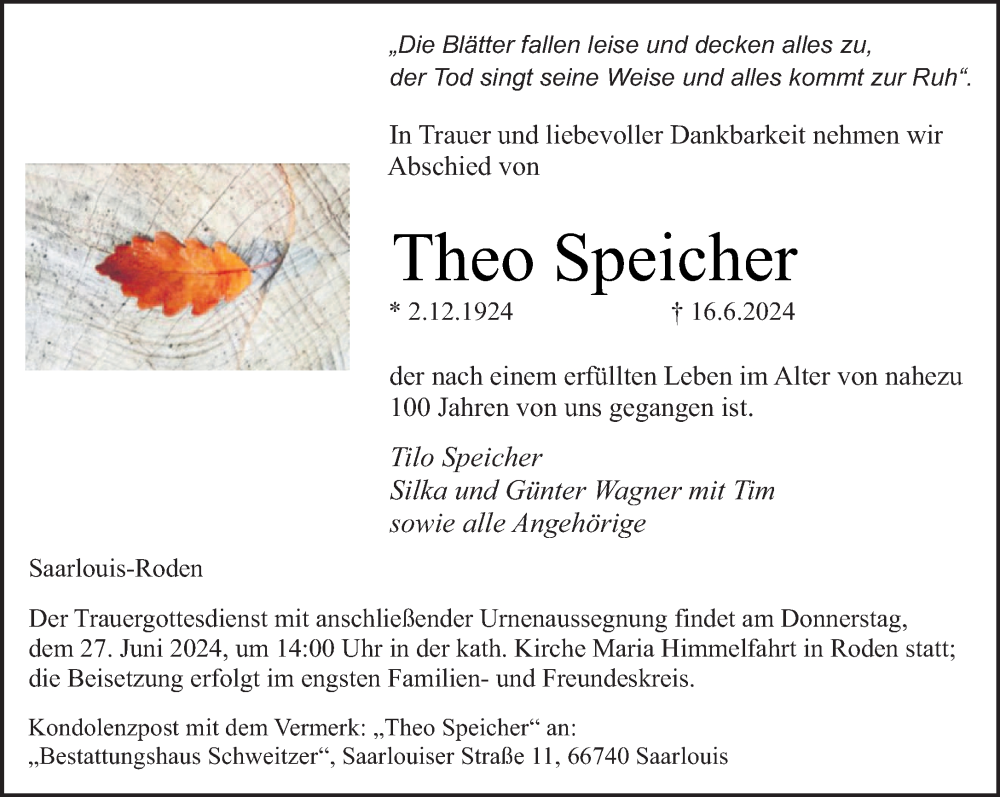  Traueranzeige für Theo Speicher vom 22.06.2024 aus saarbruecker_zeitung