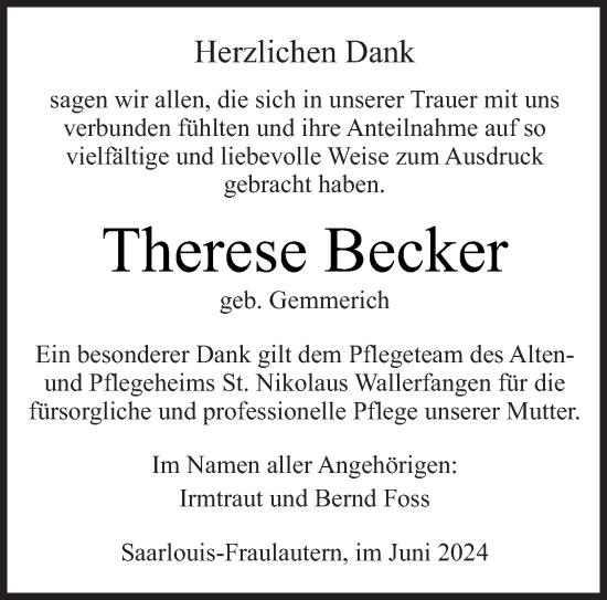 Traueranzeige von Therese Becker von saarbruecker_zeitung