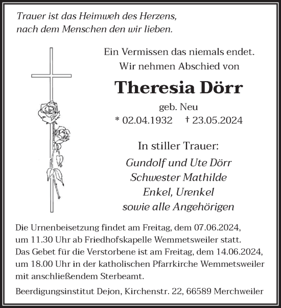 Traueranzeige von Theresia Dörr von saarbruecker_zeitung