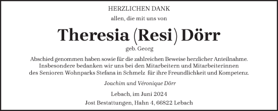 Traueranzeige von Theresia Dörr von saarbruecker_zeitung