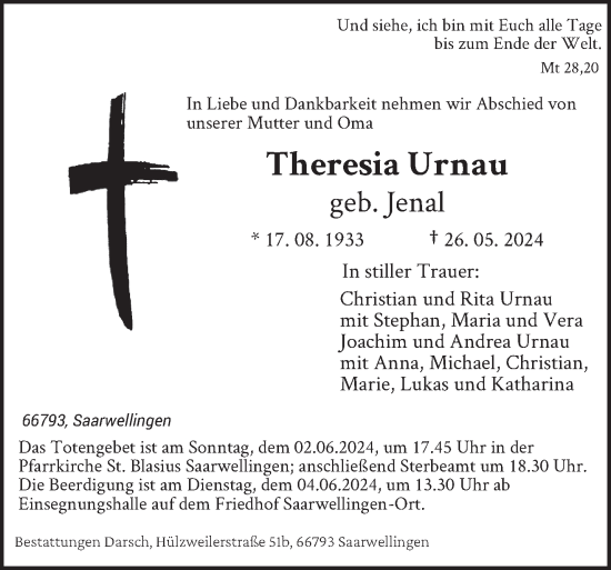 Traueranzeige von Theresia Urnau von saarbruecker_zeitung
