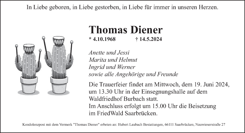  Traueranzeige für Thomas Diener vom 08.06.2024 aus saarbruecker_zeitung