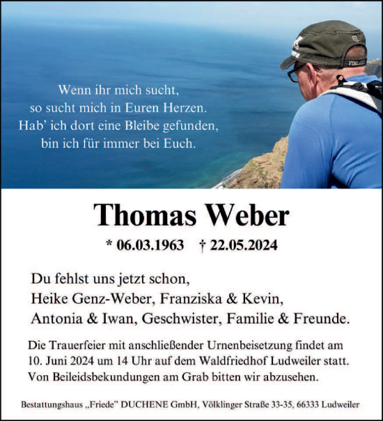 Traueranzeige von Thomas Weber von saarbruecker_zeitung