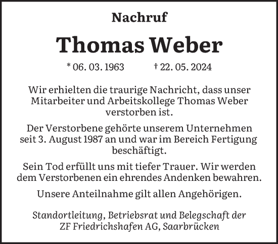 Traueranzeige von Thomas Weber von saarbruecker_zeitung