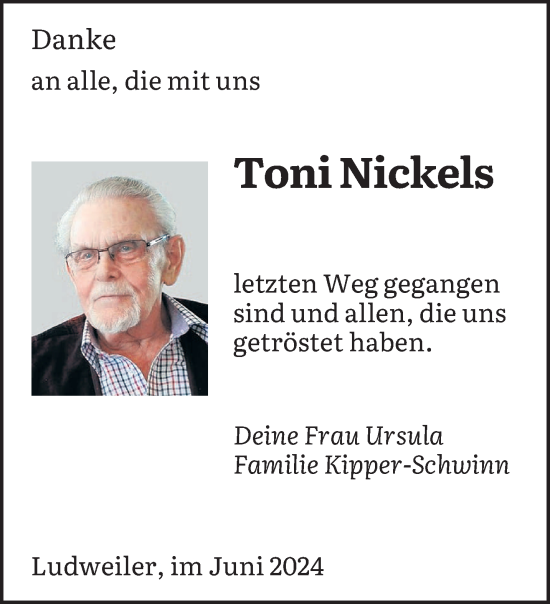 Traueranzeige von Toni Nickels von saarbruecker_zeitung