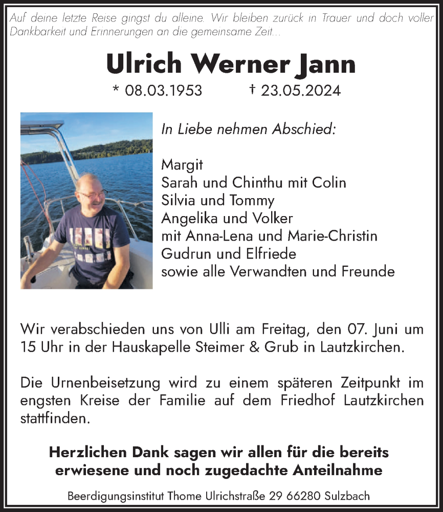  Traueranzeige für Ulrich Werner Jann vom 01.06.2024 aus saarbruecker_zeitung