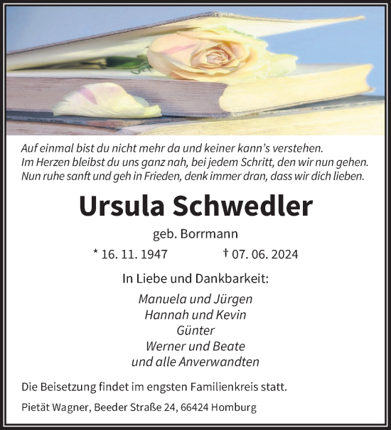 Traueranzeige von Ursula Schwedler von saarbruecker_zeitung