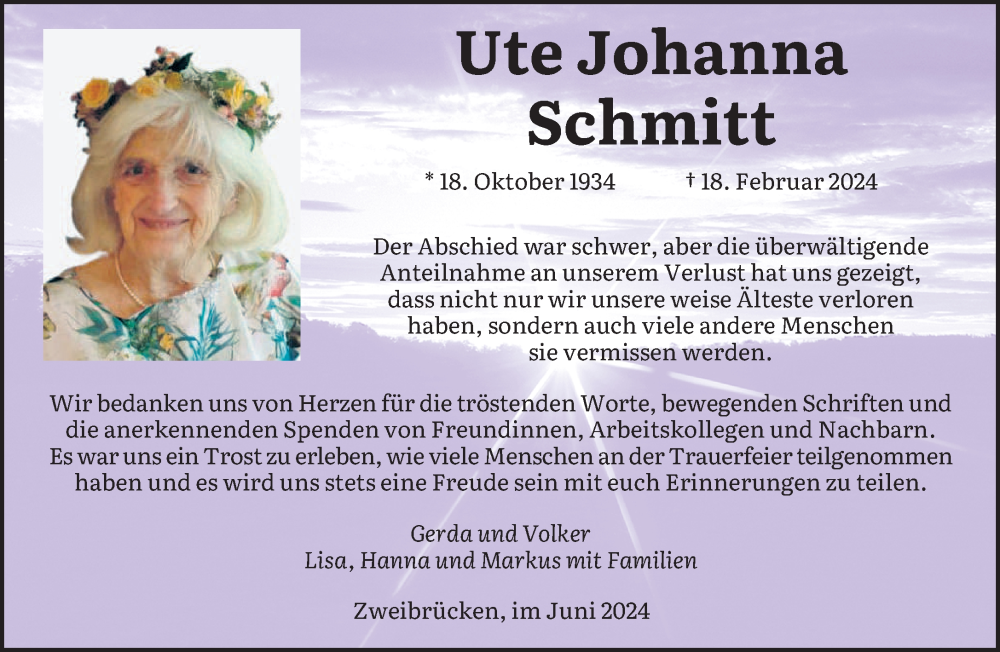 Traueranzeige für Ute Johanna Schmitt vom 29.06.2024 aus saarbruecker_zeitung