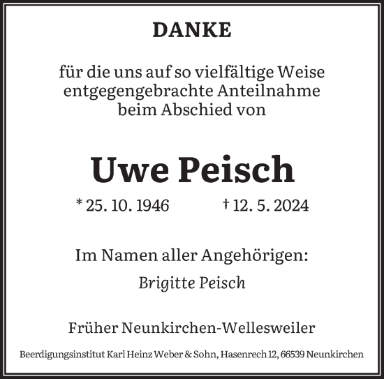 Traueranzeige von Uwe Peisch von saarbruecker_zeitung