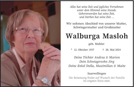 Traueranzeige von Walburga Masloh von saarbruecker_zeitung