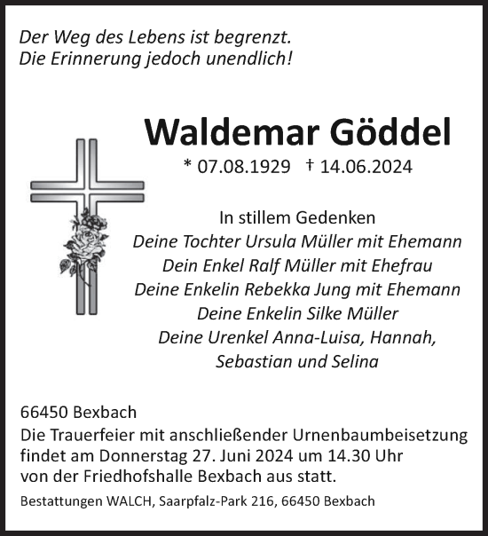 Traueranzeige von Waldemar Göddel von saarbruecker_zeitung