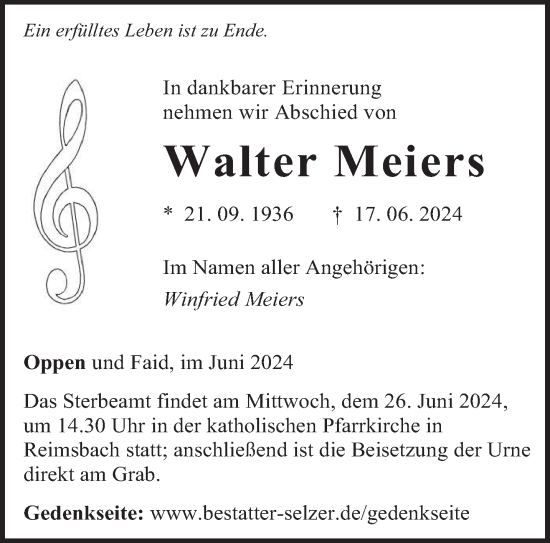 Traueranzeige von Walter Meiers von saarbruecker_zeitung