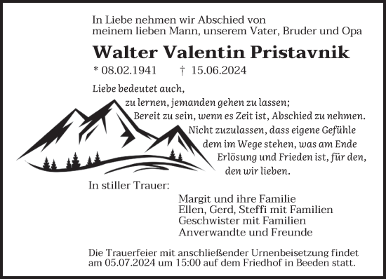 Traueranzeige von Walter Valentin Pristavnik von saarbruecker_zeitung