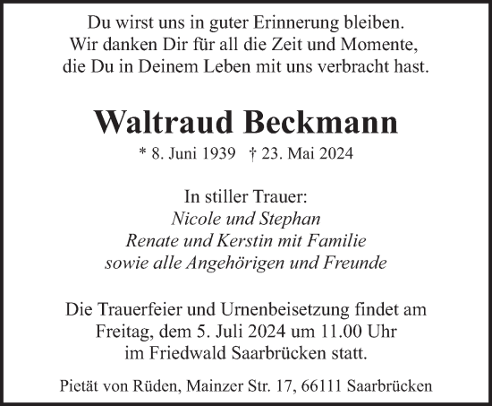 Traueranzeige von Waltraud Beckmann von saarbruecker_zeitung