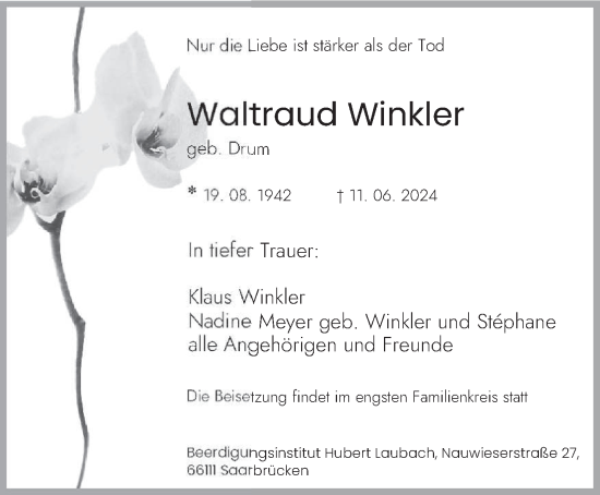 Traueranzeige von Waltraud Winkler von saarbruecker_zeitung