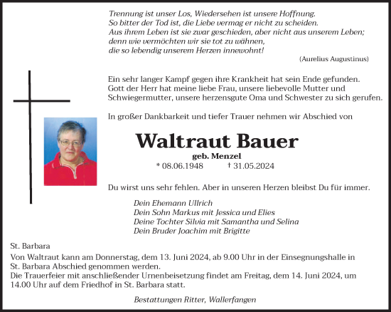 Traueranzeige von Waltraut Bauer von saarbruecker_zeitung