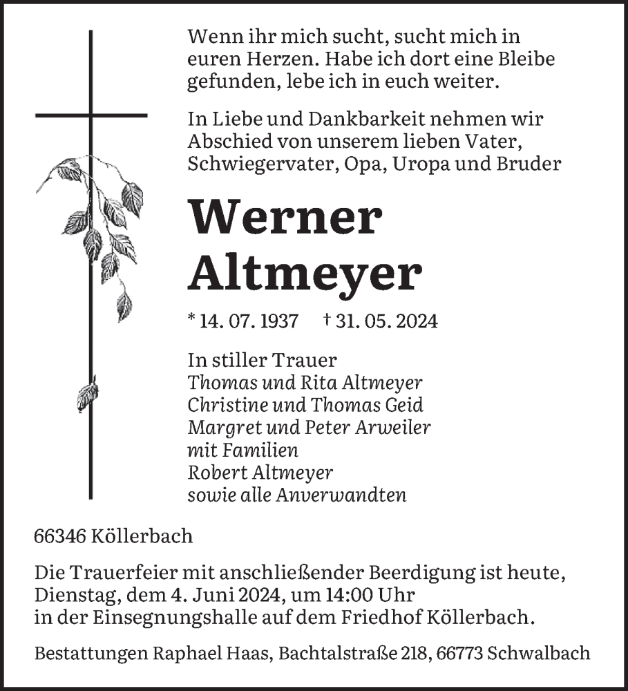  Traueranzeige für Werner Altmeyer vom 04.06.2024 aus saarbruecker_zeitung