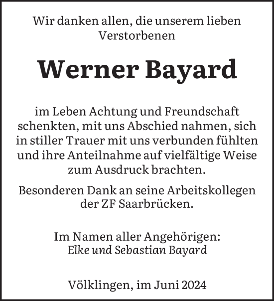 Traueranzeige von Werner Bayard von saarbruecker_zeitung