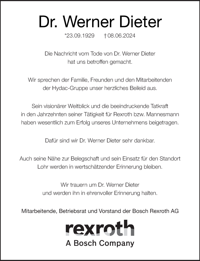  Traueranzeige für Werner Dieter vom 22.06.2024 aus saarbruecker_zeitung