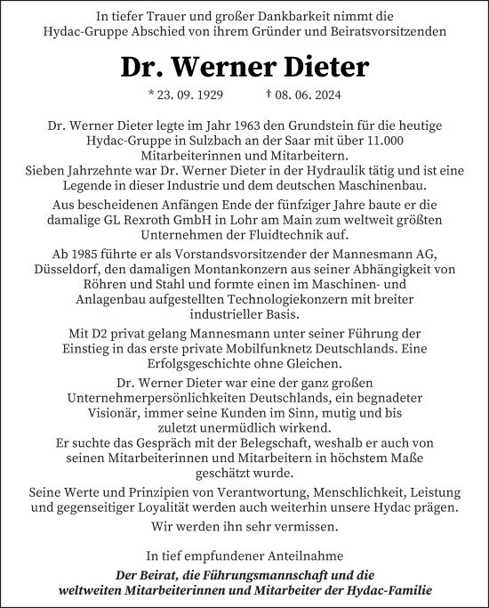 Traueranzeige von Werner Dieter von saarbruecker_zeitung