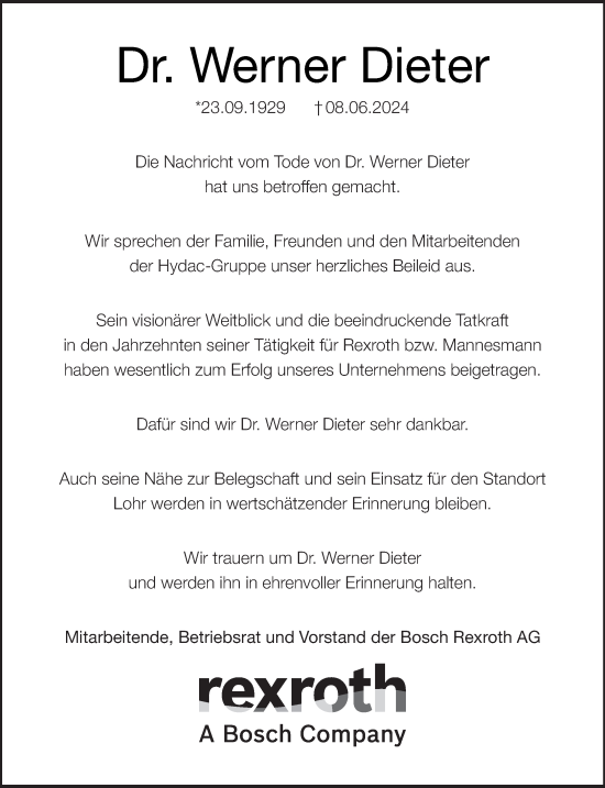 Traueranzeige von Werner Dieter von saarbruecker_zeitung