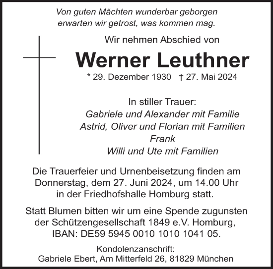 Traueranzeige von Werner Leuthner von saarbruecker_zeitung