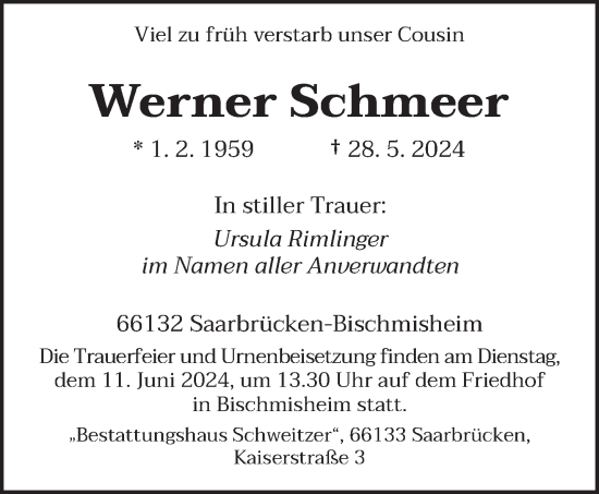 Traueranzeige von Werner Schmeer von saarbruecker_zeitung