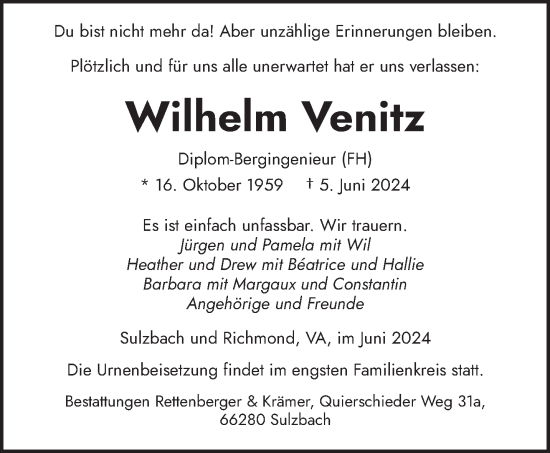 Traueranzeige von Wilhelm Venitz von saarbruecker_zeitung